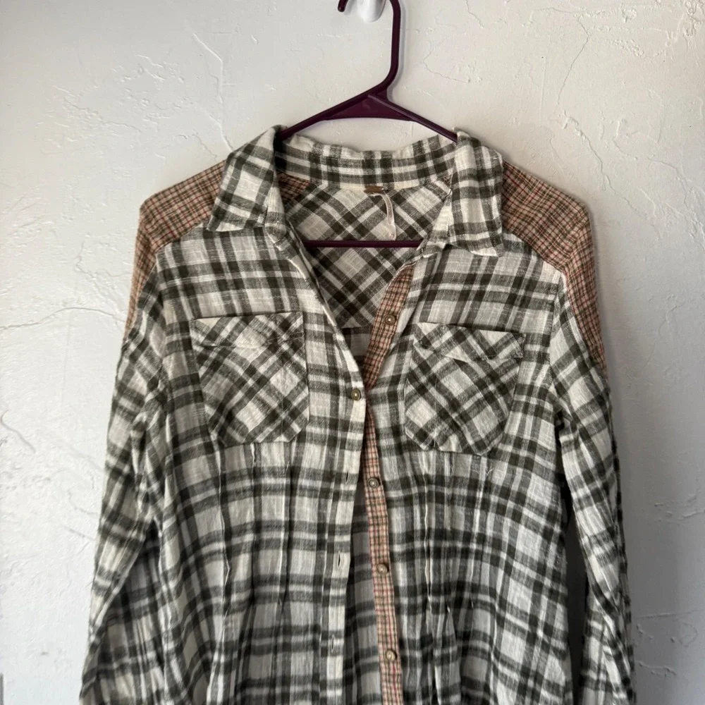 Free People‎ Womens Plaid Long Sleeve Button Shirt Olive Green Bohemian Cabin XS